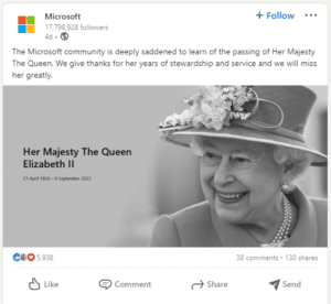 Microsoft's post announcing HM Queen II passing