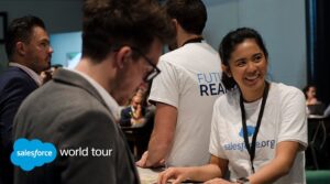People standing together at Salesforce World Tour with a lady smiling 